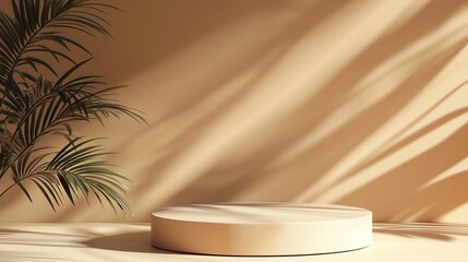 Poster - a minimalist display platform with soft shadows and palm leaves in a warm-toned interior during dayl