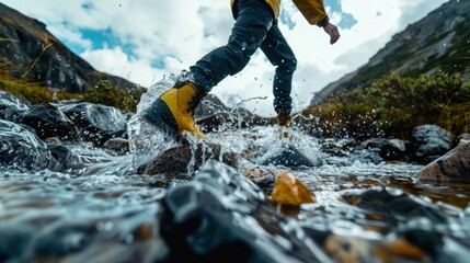 Hiker crossing river in waterproof hiking boots