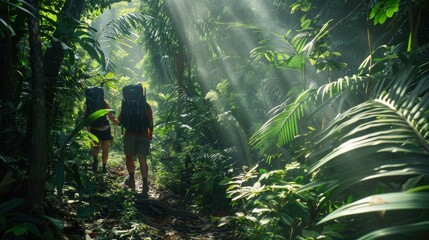 couple hiking through sunlit tropical rainforest path