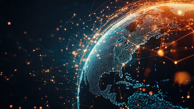 Glowing network lines around a 3D globe, abstract world, space for copy