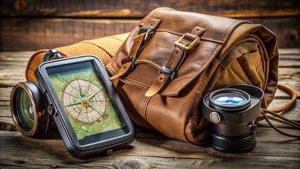 A futuristic GPS device with a glowing screen displays a precise location on a topographic map, surrounded by compass, binoculars, and a worn leather backpack.