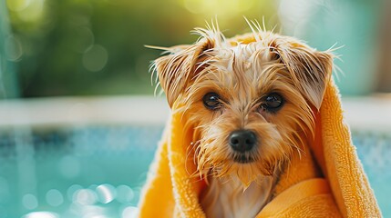 Sticker - A cute dog wrapped in a yellow towel, looking charming and cozy by a poolside.