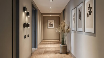Aufkleber - Hallway with a gallery wall and modern lighting, stylish and inviting, open area for copy