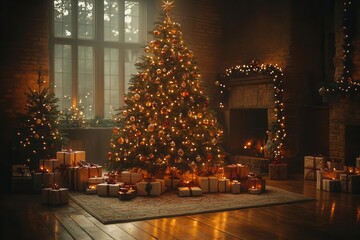 enchanted christmas tree adorned with magical glowing lights ornaments reflecting soft radiance in darkened room