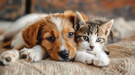 Canvas Print - A puppy and a kitten cuddle together on a cozy blanket, showcasing their adorable companionship.