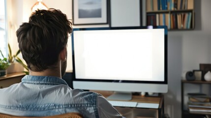 Wall Mural - Over shoulder shot of a young man using computer in front of an blank white computer screen in home. 