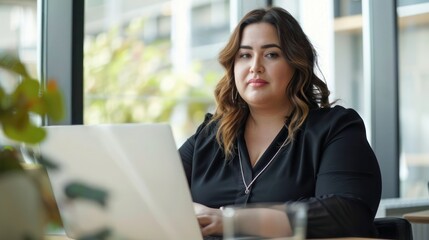 Wall Mural - Plus size manager businesswoman CEO working on desk with computer laptop in modern office. 