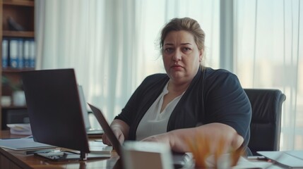 Wall Mural - Plus size manager businesswoman CEO working on desk with computer laptop in modern office.