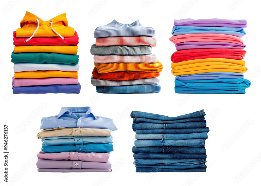 Neatly folded, washed and ironed colorful clothes isolated on white ...