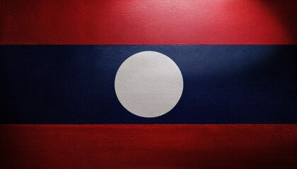 The national flag of Laos, a red, blue, and white flag with a white circle in the center, is illuminated from above.