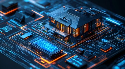 Poster - A holographic interface showcases a smart home system featuring an intricate house model amidst glowing circuit patterns, emphasizing connectivity and technology.