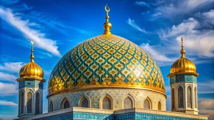 a majestic ottoman-style dome mosque stands proud against a vibrant blue sky, adorned with intricate