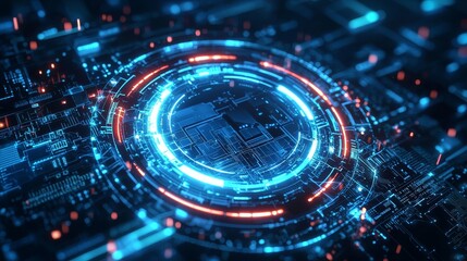 Fototapete - The background of an abstract technology product display is presented as a luminous sci-fi circle circuit hud atop blue dotted data and microchips.