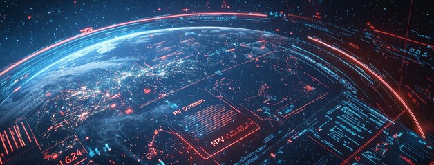 Poster - The future is now with futuristic head-up display user interfaces such as 3D global world maps and business data charts. Head-up display dashboards, circular diagrams, and statistics.