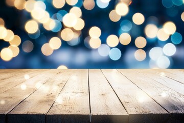 Leinwandbilder - Brown wooden floor or wood board table with blurred abstract night light bokeh background, display space for products or objects.