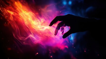 Fototapete - Silhouette of a hand touching vibrant, colorful light trails in a dark background, creating a mystical and abstract visual effect.