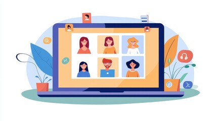 Poster - Multiethnic young people participating in a video conference meeting to share ideas, brainstorm and negotiate. Use video conferencing to share ideas brainstorm and negotiate from the computer screen.