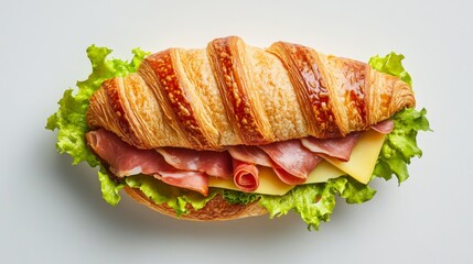 Wall Mural - A croissant sandwich filled with ham, cheese, and lettuce, arranged elegantly on a white background for a light and tasty look.