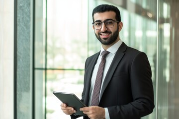 Poster - At work, a young latino executive carries a tablet