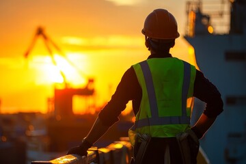 Aufkleber - A construction engineer, dressed in standard safety, observes a building on a construction site.