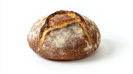 Wall Mural - A crusty sourdough bread with a rustic look, placed on a white background, emphasizing the natural, homemade appeal of traditional baking