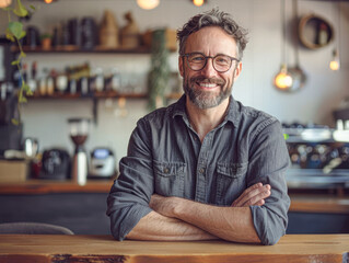 Sticker - A man with glasses is smiling and posing for a picture in a restaurant