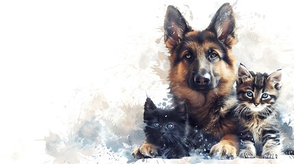 Sticker - A watercolor-style illustration featuring a dog and two kittens, emphasizing companionship and warmth.