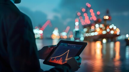 Businessman analyzing crude oil price data with a digital tablet, oil rigs in the background