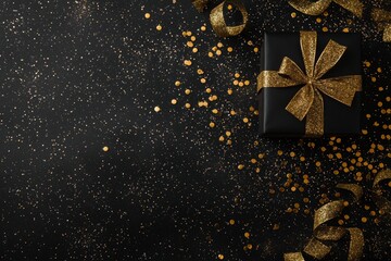 Poster - Banner with golden ribbon and box on black background with glitter. Black Friday sale concept.