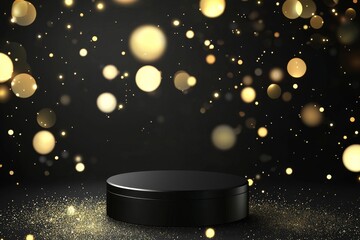 Sticker - Gold glitter background and spotlight on black podium product stage.