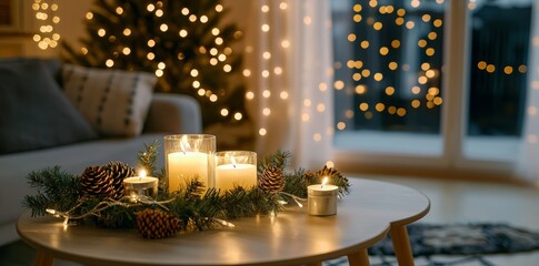 Poster - Decorations for the Christmas season, decorated Christmas tree, blankets and pillows for coziness