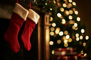 Poster - The Santa Claus hat and sock are hanging under the Christmas tree and the Christmas stockings are hanging on the wall. Generate an AI for it.