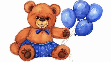 Sticker - Cute bear holding blue balloons