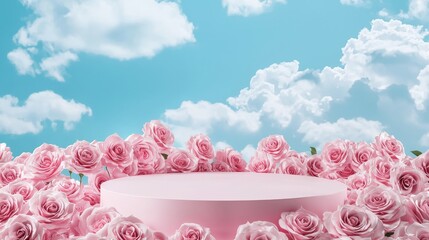 Wall Mural - Pink 3D spring table beauty stand white background pink rose. Mounted rose floral backdrop cosmetic valentine easter field scenery gift purple day romantic.