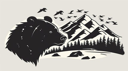 A bear's head profile with mountains, forests