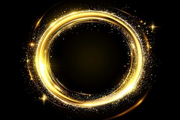 Poster - In a circle frame on black background. Christmas magic stars glow, firework confetti of glittery rings shimmer.