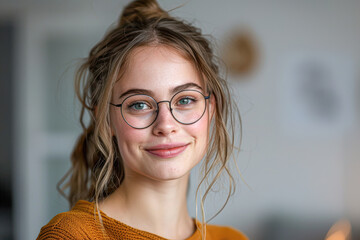 Wall Mural - A woman with glasses and a smile on her face