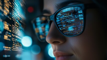 Poster - Hologram of software coding and woman in information technology and GDPR overlay Programmer in glasses reading data analytics script programming and cybersecurity research related to: Stocks