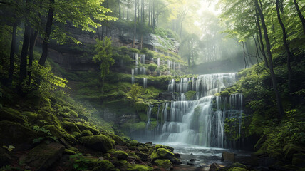 Wall Mural - a forest landscape with rocky cliffs and a cascading waterfall