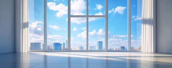 Large window with city view and blue sky.  Sunlight streams in.