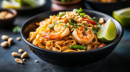 Wall Mural - A detailed shot of a bowl of Thai Pad Thai with shrimp, garnished with crushed peanuts and lime wedges, showcasing the colorful and flavorful noodles.