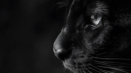 Wall Mural - A close-up black and white image of a panther's face, highlighting its intense gaze and sleek features.