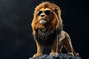 Cool Lion Stuffed Animal in Sunglasses and Chain Necklace on Rock - Ultra-Realistic Wildlife Photography Concept