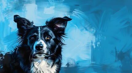 Sticker - A digital artwork featuring a black and white dog against a blue abstract background.