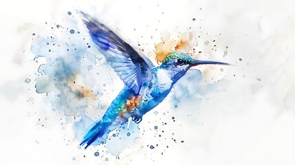 Sticker - A vibrant watercolor illustration of a hummingbird in flight, surrounded by colorful splashes.