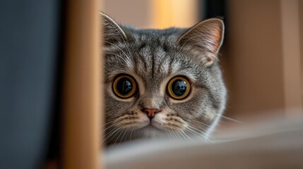 Poster - A detailed shot of a chubby cat peeking out from behind a chair, with its round face and curious eyes captured up close, highlighting its cuteness and charm.