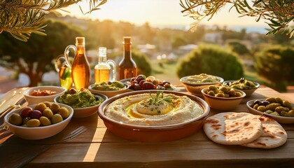 Wall Mural - A spread of Mediterranean dishes like hummus, pita bread, olives, grilled vegetables