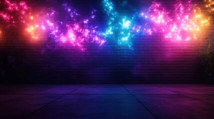 Poster - Colorful neon lights creating a vibrant and dynamic atmosphere against a brick wall at night. Perfect for creative and artistic projects.
