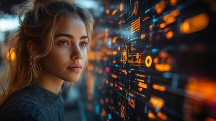 Poster - A young woman engages with a holographic interface displaying vibrant data overlays for efficient organization in a contemporary office setting.