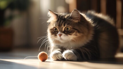 Wall Mural - A detailed shot of a fluffy, chubby cat playing with a toy, with its round face and paws captured in motion, highlighting its playful and endearing qualities.